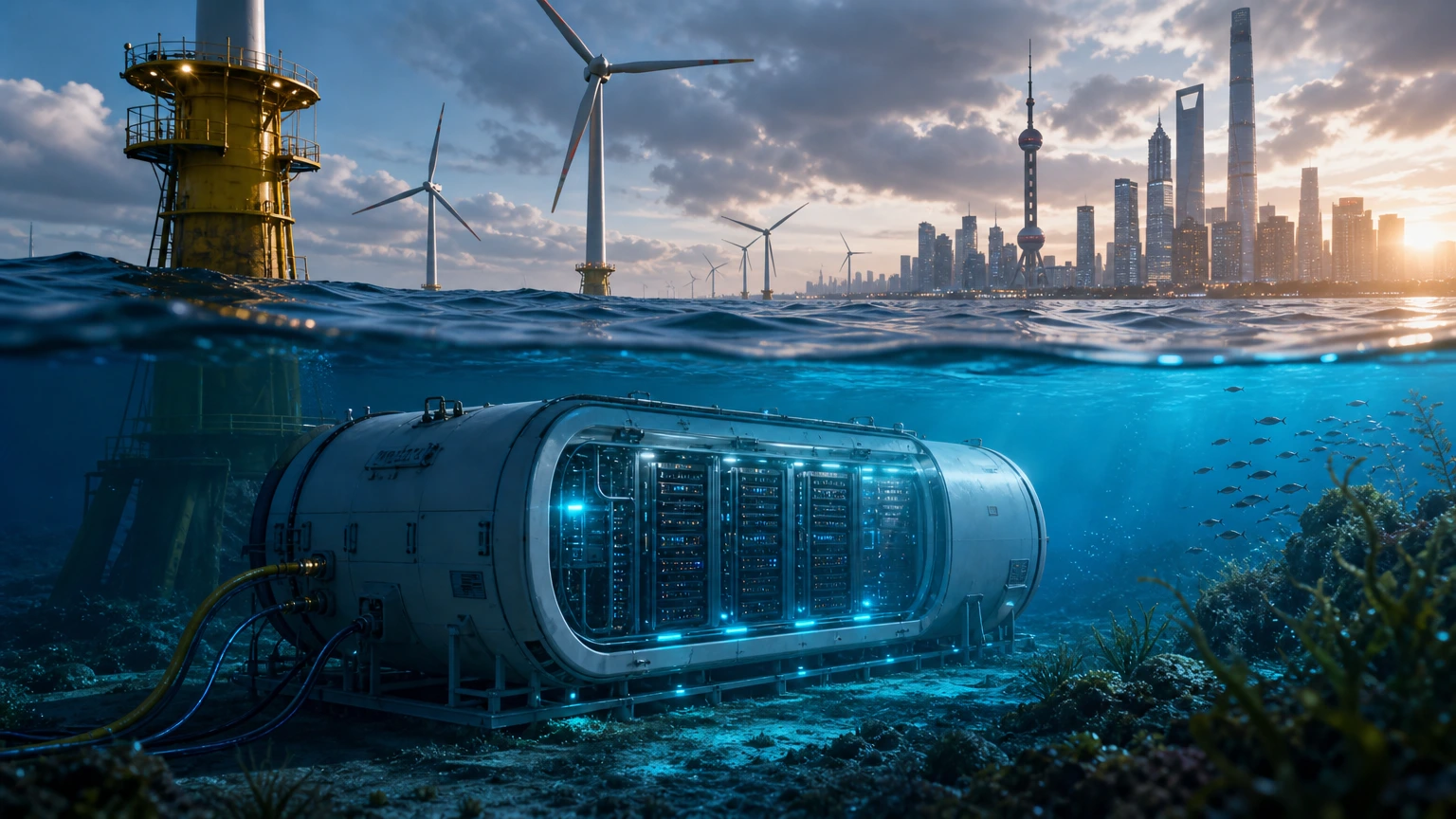 China lança data center submerso com energia eólica para IA e resfriamento no mar